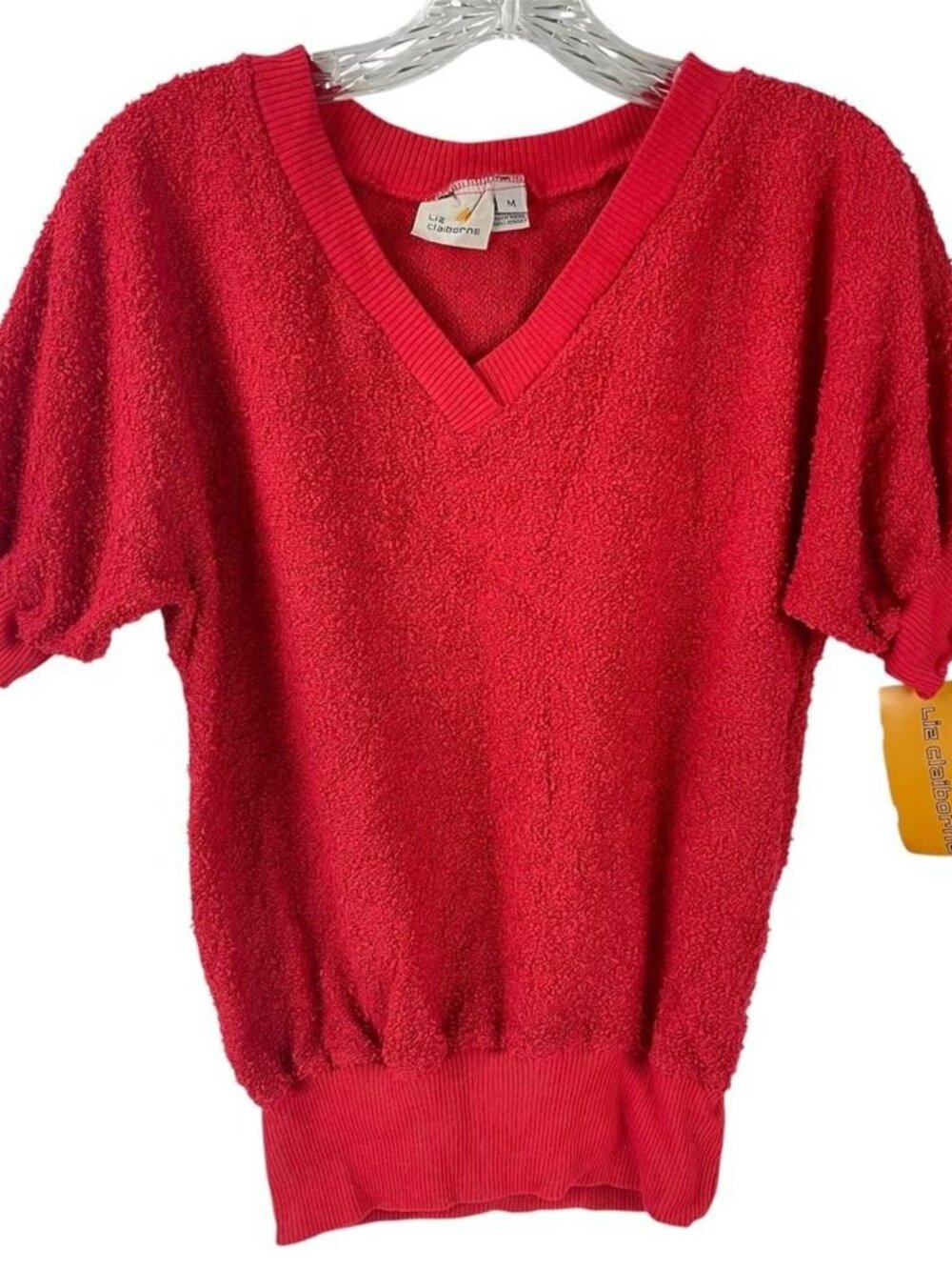 Vintage Liz Claiborne Terrycloth Short Sleeve Top Retro Knitwear 80s Cherry Red